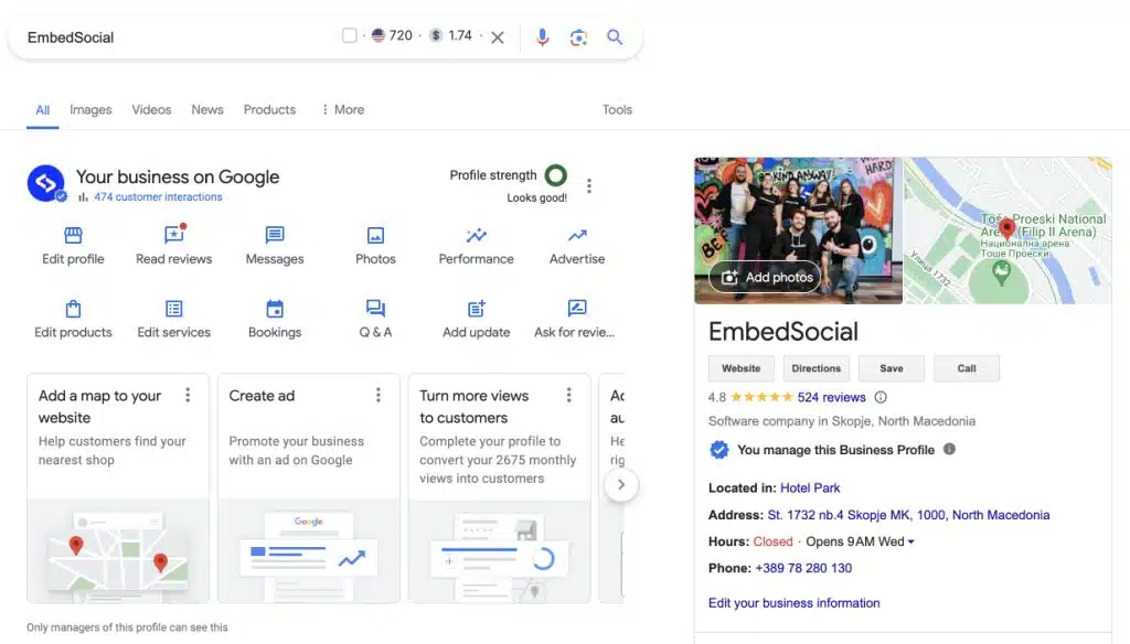 Google Business Profile felület